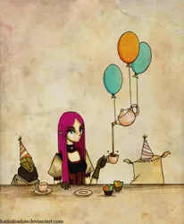 Size: 800x970 | Tagged: artist:foxinshadow, balloon, cupcake, derpibooru import, hat, human, humanized, madame le flour, party hat, pinkamena diane pie, pinkie pie, rocky, safe, solo, tea