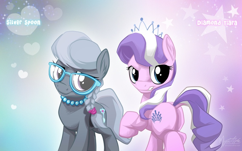 Size: 1680x1050 | Tagged: safe, artist:mysticalpha, derpibooru import, diamond tiara, silver spoon, earth pony, pony, braid, butt, dock, duo, duo female, female, filly, foal, glasses, jewelry, looking at you, necklace, plot, tiara, wallpaper