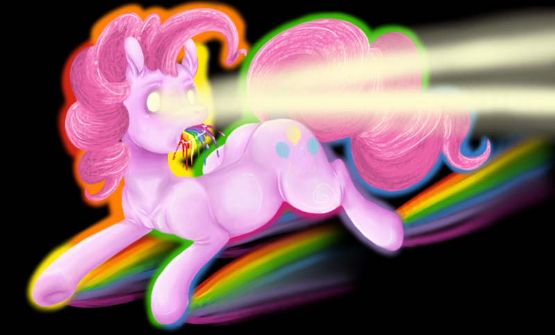 Size: 1098x663 | Tagged: safe, artist:colorlesscupcake, derpibooru import, pinkie pie, earth pony, pony, eye beams, female, glowing eyes, mare, puking rainbows, rainbow, solo, vomit, vomiting, wat