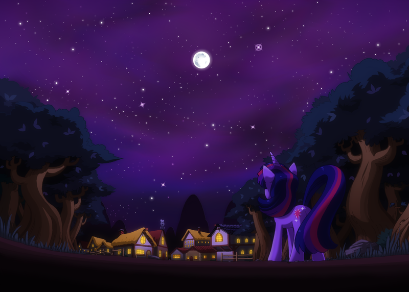 Size: 1188x850 | Tagged: dead source, safe, artist:paradise-wonder, derpibooru import, twilight sparkle, pony, female, looking up, mare, moon, night, ponyville, scenery, sky, solo, stargazing, stars, tree