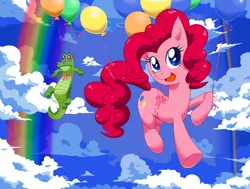Size: 1190x898 | Tagged: safe, artist:paradise-wonder, derpibooru import, gummy, pinkie pie, rainbow dash, alligator, earth pony, pony, balloon, cloud, female, floating, mare, open mouth, sky, then watch her balloons lift her up to the sky