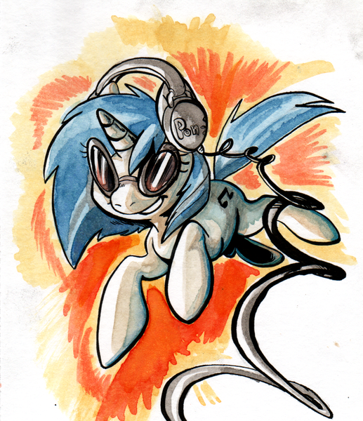 Size: 776x900 | Tagged: source needed, safe, artist:briskby, derpibooru import, vinyl scratch, pony, unicorn, female, headphones, mare, solo, traditional art