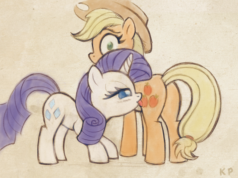 Size: 800x600 | Tagged: suggestive, artist:kp-shadowsquirrel, derpibooru import, applejack, rarity, butt, colored, female, lesbian, licking, plot, rarijack, shipping