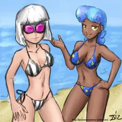 Size: 805x805 | Tagged: artist:johnjoseco, artist:michos, beach, bikini, breasts, clothes, colored, color edit, cool starry bra, derpibooru import, edit, female, females only, human, humanized, photo finish, sapphire shores, side-tie bikini, suggestive, swimsuit