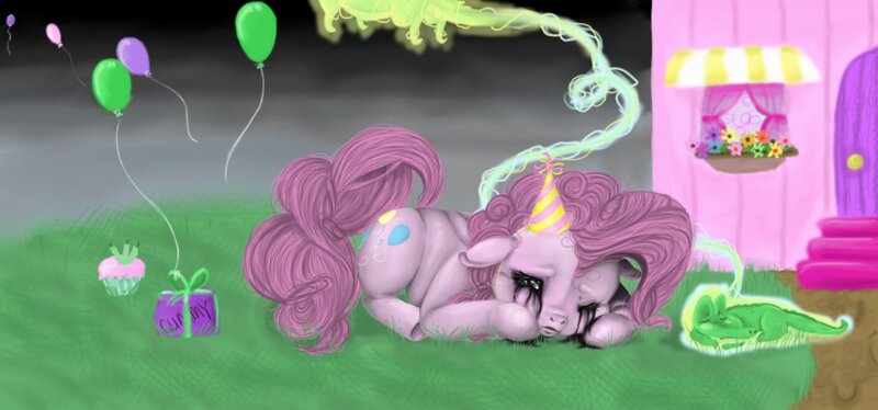 Size: 1280x598 | Tagged: grimdark, artist:colorlesscupcake, derpibooru import, gummy, pinkie pie, earth pony, ghost, pony, astral projection, balloon, crying, duo, female, hat, mare, party hat, prone, sad, wat