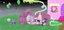 Size: 1280x598 | Tagged: grimdark, artist:colorlesscupcake, derpibooru import, gummy, pinkie pie, earth pony, ghost, pony, astral projection, balloon, crying, duo, female, hat, mare, party hat, prone, sad, wat