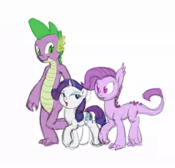 Size: 901x860 | Tagged: safe, artist:carnifex, derpibooru import, rarity, spike, oc, oc:lavender, dracony, hybrid, family, female, interspecies, interspecies offspring, male, offspring, parent:rarity, parent:spike, parents:sparity, shipping, sparity, straight