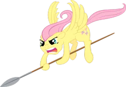 Size: 1280x888 | Tagged: angry, artist:moongazeponies, derpibooru import, fluttershy, flying, glare, open mouth, safe, simple background, spear, spread wings, transparent background, vector