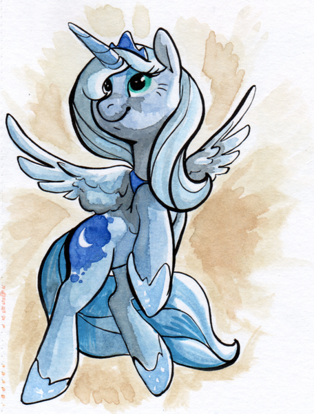 Size: 578x760 | Tagged: source needed, safe, artist:briskby, derpibooru import, princess luna, alicorn, pony, female, hoof shoes, mare, rearing, s1 luna, solo, traditional art, watercolor painting