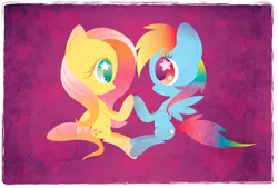 Size: 1098x743 | Tagged: safe, artist:disfiguredstick, derpibooru import, fluttershy, rainbow dash, pegasus, pony, duo, female, friendshipping, looking at each other, mare, pattycakes, sitting, smiling, starry eyes, wingding eyes