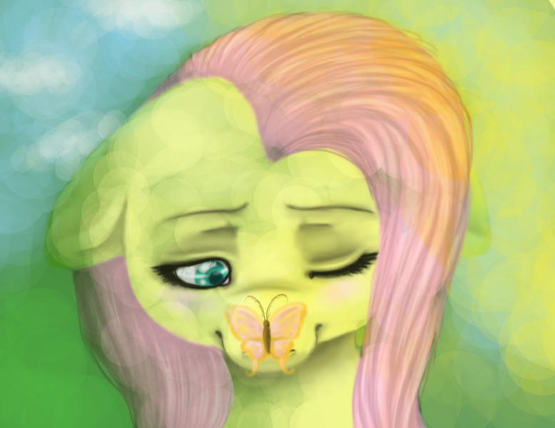 Size: 788x608 | Tagged: safe, artist:colorlesscupcake, derpibooru import, fluttershy, butterfly, pegasus, pony, bust, female, floppy ears, mare, one eye closed, sad, solo