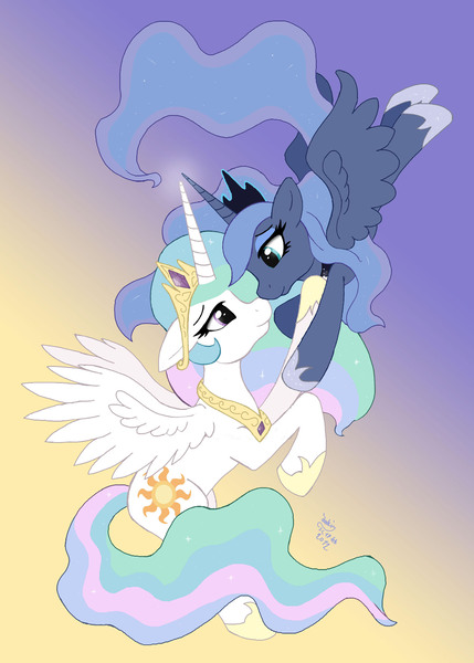 Size: 1800x2520 | Tagged: safe, artist:joakaha, derpibooru import, princess celestia, princess luna, alicorn, pony, duo, duo female, female, royal sisters, s1 luna, sisters