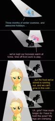 Size: 640x1403 | Tagged: applejack, comic, derpibooru import, edit, edited screencap, pinkie pie, rainbow dash, safe, screencap, screencap comic, spotlight, standing, standing on one leg, winter wrap up, winter wrap up vest