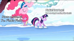 Size: 960x543 | Tagged: safe, derpibooru import, edit, edited screencap, screencap, pinkie pie, spike, twilight sparkle, dragon, earth pony, pony, unicorn, winter wrap up, caption, female, ice skates, ice skating, male, mare, screw anatomy, snow, winter wrap up vest