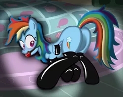 Size: 1242x972 | Tagged: suggestive, artist:ziemniax, derpibooru import, rainbow dash, ballgag, bondage, bound wings, clothes, dashsub, drool, evening gloves, featureless crotch, female, femsub, gag, gloves, image, latex, latex gloves, latex stockings, long gloves, plot, png, show accurate, show accurate porn, solo, solo female, stockings, submissive