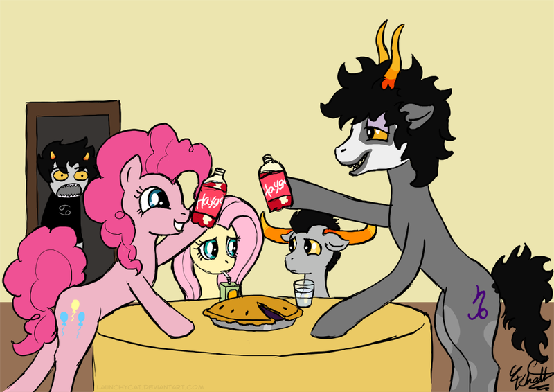 Size: 1000x707 | Tagged: safe, artist:launchycat, derpibooru import, fluttershy, pinkie pie, ponified, earth pony, pony, bull horns, crossover, faygo, female, gamzee makara, haygo, homestuck, juice box, karkat vantas, male, mare, pie, stallion, tavros nitram, tavroshy, this will not end well, troll (homestuck)