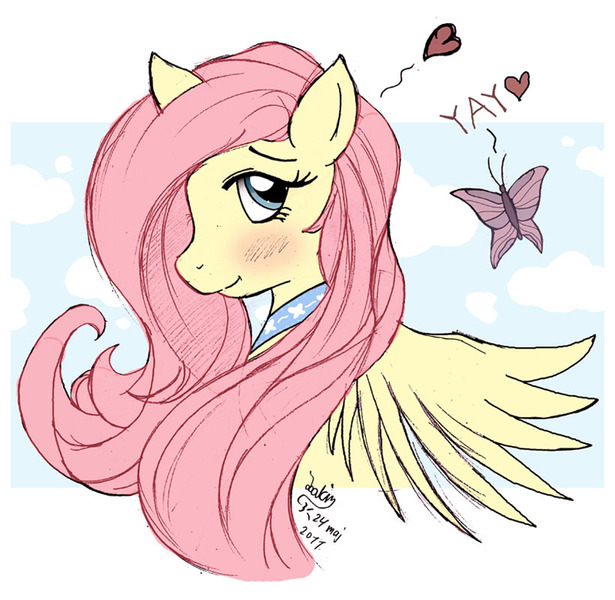 Size: 820x800 | Tagged: safe, artist:joakaha, derpibooru import, fluttershy, butterfly, pegasus, pony, blushing, bust, female, heart, looking sideways, mare, portrait, profile, simple background, smiling, solo, white background, wings, yay