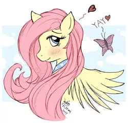 Size: 820x800 | Tagged: safe, artist:joakaha, derpibooru import, fluttershy, butterfly, pegasus, pony, blushing, bust, female, heart, looking sideways, mare, portrait, profile, simple background, smiling, solo, white background, wings, yay