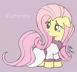 Size: 850x800 | Tagged: safe, artist:joakaha, derpibooru import, fluttershy, pegasus, pony, bathrobe, clothes, female, floppy ears, head turn, mare, name, robe, smiling, solo, standing, three quarter view