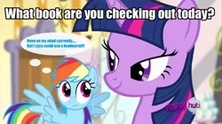 Size: 1280x716 | Tagged: suggestive, derpibooru import, edit, edited screencap, screencap, rainbow dash, twilight sparkle, ponyville confidential, bedroom eyes, bookworm, female, hub logo, hubble, image macro, lesbian, meme, random, shipping, the hub, thought bubble, twidash