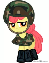Size: 600x776 | Tagged: safe, artist:creepy-screw-ball, derpibooru import, apple bloom, earth pony, pony, clothes, female, filly, helmet, serious face, simple background, solo, uniform, white background
