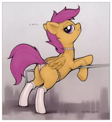 Size: 720x785 | Tagged: suggestive, artist:ecmajor, derpibooru import, scootaloo, pegasus, pony, bedroom eyes, bondage, clothes, collar, female, filly, foalcon, lingerie, looking back, panties, plot, scootabutt, smiling, smirk, socks, solo, solo female, underhoof, underwear