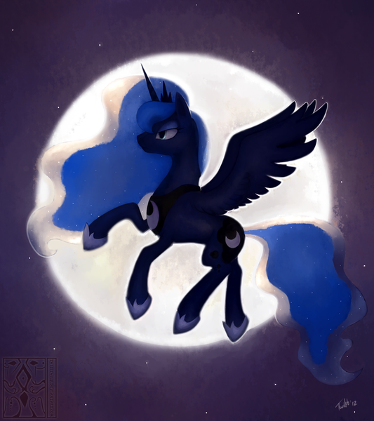 Size: 799x900 | Tagged: safe, artist:twilitwolf, derpibooru import, princess luna, alicorn, pony, female, flying, mare, moon, night, profile, sky, solo