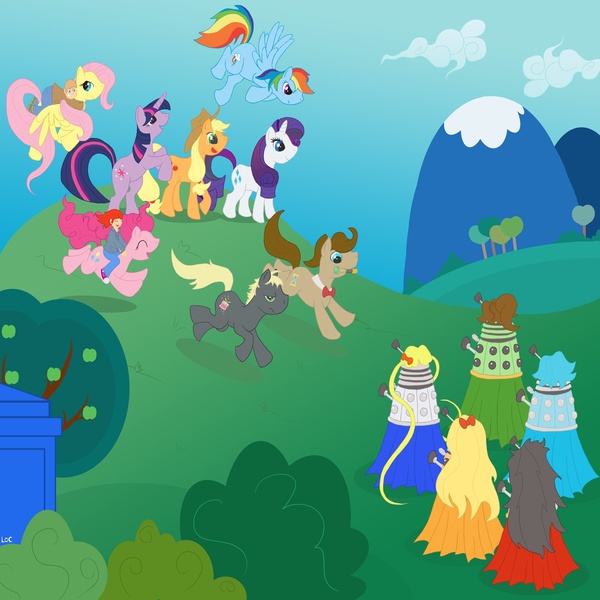 Size: 2000x2000 | Tagged: amy pond, applejack, artist:lioness-of-cydonia, dalek, derpibooru import, doctor who, doctor whooves, fluttershy, high res, mane six, pinkie pie, ponified, rainbow dash, rarity, rory williams, safe, sailor moon, tardis, the master, time turner, twilight sparkle, wat, what has science done
