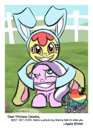 Size: 600x821 | Tagged: safe, artist:creepy-screw-ball, derpibooru import, apple bloom, diamond tiara, earth pony, pony, bunny bloom, bunny costume, clothes, duo, duo female, female, filly, forced smile, looking at you, prone, smiling, this will end in tears, zap apple