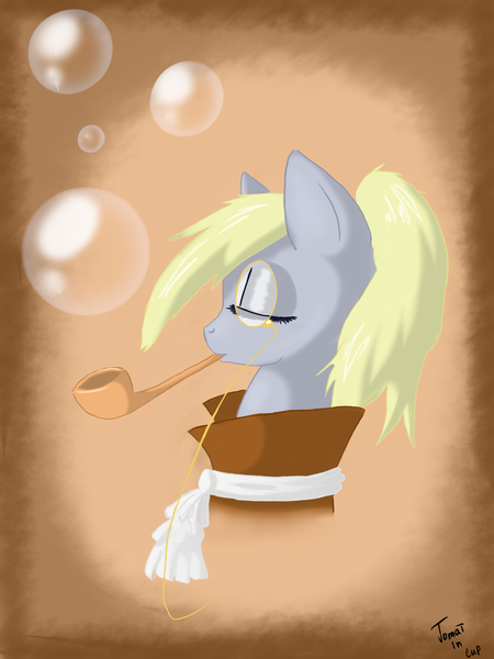 Size: 1200x1600 | Tagged: safe, artist:tomat-in-cup, derpibooru import, derpy hooves, pegasus, pony, bubble, bubble pipe, bust, female, mare, monocle, pipe, solo