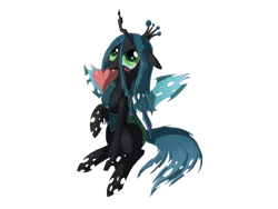 Size: 1600x1200 | Tagged: safe, artist:tomat-in-cup, derpibooru import, queen chrysalis, changeling, changeling queen, blushing, cute, cutealis, fangs, female, floppy ears, heart, image, looking up, mouth hold, png, puppy dog eyes, raised hoof, simple background, sitting, solo, transparent background