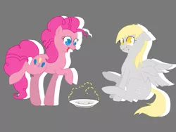 Size: 1600x1200 | Tagged: safe, artist:tomat-in-cup, derpibooru import, derpy hooves, pinkie pie, earth pony, pegasus, pony, duo, eating, female, gray background, mare, open mouth, plate, puffy cheeks, raised hoof, simple background, sitting, smiling