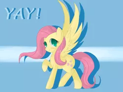 Size: 1600x1200 | Tagged: safe, artist:tomat-in-cup, derpibooru import, fluttershy, pegasus, pony, blushing, female, looking at you, looking sideways, mare, raised hoof, smiling, solo, spread wings, standing, wings, yay