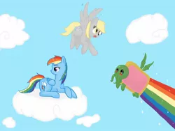 Size: 1600x1200 | Tagged: safe, artist:tomat-in-cup, derpibooru import, derpy hooves, rainbow dash, pegasus, pony, cloud, cthulhu, female, flying, food, looking back, mare, on a cloud, poptart, prone, rainbow, unamused