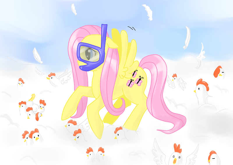 Size: 4092x2893 | Tagged: safe, artist:tomat-in-cup, derpibooru import, fluttershy, chicken, pegasus, pony, cloud, female, mare, on a cloud, snorkel, wat