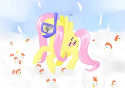 Size: 4092x2893 | Tagged: safe, artist:tomat-in-cup, derpibooru import, fluttershy, chicken, pegasus, pony, cloud, female, mare, on a cloud, snorkel, wat