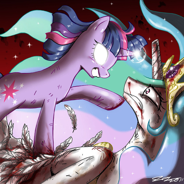Size: 1200x1200 | Tagged: grimdark, artist:johnjoseco, derpibooru import, princess celestia, twilight sparkle, alicorn, pony, unicorn, fanfic, betrayal, blood, broken horn, evil twilight, eye contact, feather, female, frown, grin, gritted teeth, injured, magic, mare, nosebleed, photoshop, pointing, side, smiling, standing, stomping, sunset, twilight is anakin