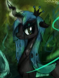 Size: 1023x1359 | Tagged: safe, artist:il-phantom, derpibooru import, queen chrysalis, changeling, changeling queen, fangs, female, floppy ears, forked tongue, frown, glowing horn, image, lidded eyes, looking sideways, png, signature, solo, standing, tongue out