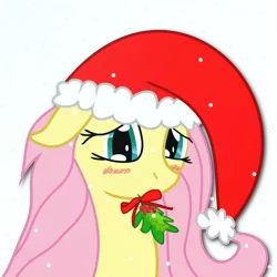 Size: 1300x1300 | Tagged: safe, artist:o-fluttershy-o, derpibooru import, fluttershy, pegasus, pony, blushing, female, floppy ears, gimp, hat, holly, holly mistaken for mistletoe, mare, mouth hold, santa hat, snow, snowfall, solo
