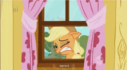 Size: 855x474 | Tagged: applejack, derpibooru import, meme, safe, screencap, solo, vulgar, youtube caption