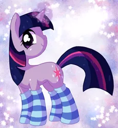 Size: 700x760 | Tagged: dead source, safe, artist:xnightmelody, derpibooru import, twilight sparkle, pony, unicorn, abstract background, adobe imageready, clothes, female, glowing horn, mare, socks, solo, stars, striped socks, unicorn twilight