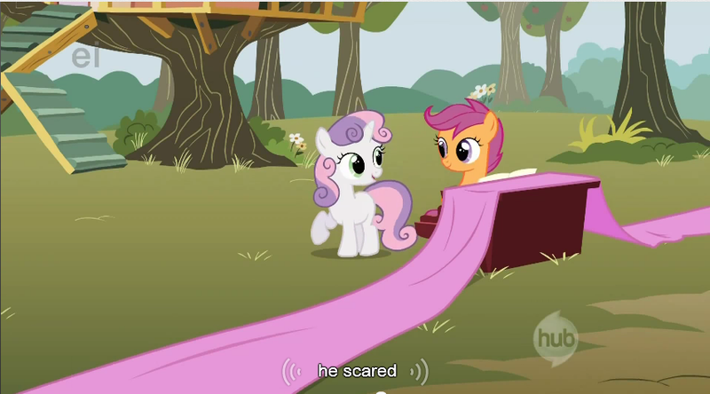 Size: 855x475 | Tagged: derpibooru import, safe, scootaloo, screencap, sweetie belle, youtube caption