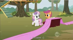 Size: 855x475 | Tagged: derpibooru import, safe, scootaloo, screencap, sweetie belle, youtube caption