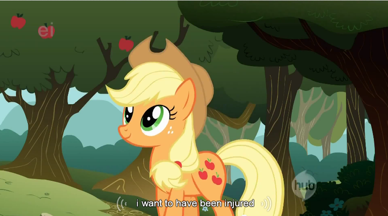 Size: 850x474 | Tagged: applejack, derpibooru import, safe, screencap, solo, youtube caption