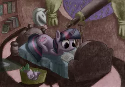 Size: 2331x1612 | Tagged: safe, artist:wojtovix, derpibooru import, spike, twilight sparkle, dragon, pony, unicorn, bed, book, female, golden oaks library, male, mare, night, reading, sleeping, stars, telescope, traditional art