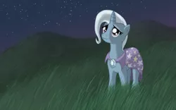 Size: 2048x1280 | Tagged: safe, artist:karidyas, derpibooru import, trixie, pony, unicorn, female, grass, hill, hope, image, looking up, mare, moon, night, night sky, photoshop, png, reflection, sky, smiling, solo, stars, wallpaper