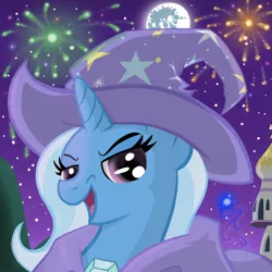 Size: 1000x1000 | Tagged: dead source, safe, artist:arcum89, derpibooru import, trixie, pony, unicorn, boast busters, building, canterlot, female, fireworks, looking at you, mare, mare in the moon, moon, night, open mouth, pi, sky, smiling, solo, trixie's cape, trixie's hat