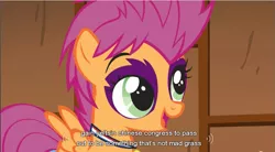 Size: 855x473 | Tagged: animation error, boris yeltsin, caption, derpibooru import, face paint, meta, safe, scootaloo, screencap, solo, the show stoppers, wat, wrong eye color, youtube caption