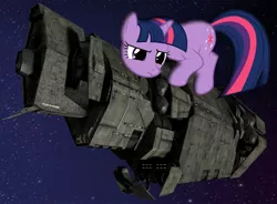 Size: 1300x956 | Tagged: safe, derpibooru import, twilight sparkle, unicorn, halcyon-class light cruiser, halo (series), pillar of autumn, pony & spaceship, space, unicorn twilight