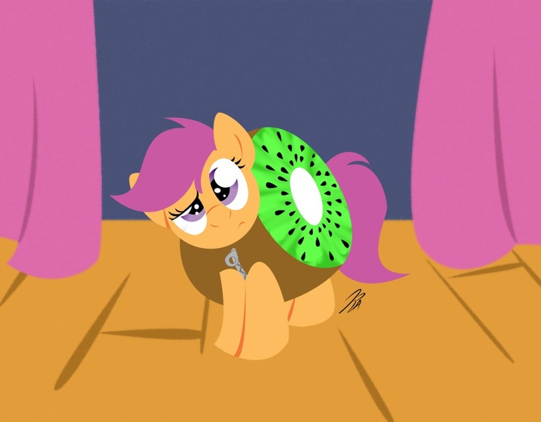 Size: 877x684 | Tagged: artist:rannva, costume, derpibooru import, giant produce, kiwi fruit, safe, school play, scootaloo, scootaloo can't fly, stage, stealth pun